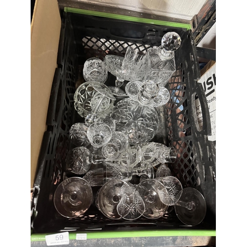 59 - BOX OF GLASS INCL DECANTERS