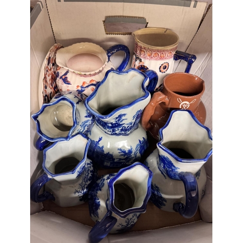 68 - BOX OF VINTAGE JUGS INCL SET OF 5 BLUE & WHITE GRADUATED JUGS