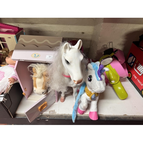 91 - BABY BORN HORSE, STABLE, 3 PONIES, DOLL SCOOTER & DOLL CHAIR