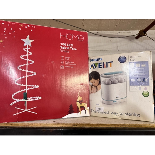 98 - BOXED PHILIPS AVENT 3-IN-1 STEAM STERILISER (W/O)& BOXED 100 LED SPIRAL TREE