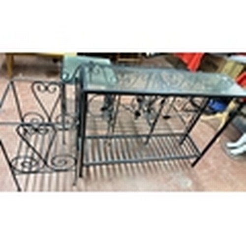 14 - METAL CONSOLE TABLE & 4 MATCHING SIDE TABLES WITH GLASS TOPS