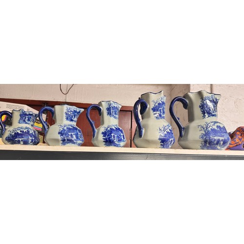 68 - BOX OF VINTAGE JUGS INCL SET OF 5 BLUE & WHITE GRADUATED JUGS