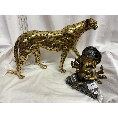 194 - TALL RESIN GILDED LEOPARD FIGURE & A TEMPLE GOD FIGURE