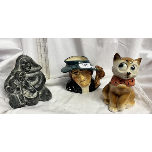 195 - ORIGINAL INUIT WOLF CARVED FIGURE, CERAMIC 'CAT' MONEY BOX & A POTTERY 'RAT CHARACTER' CHARACTER JUG