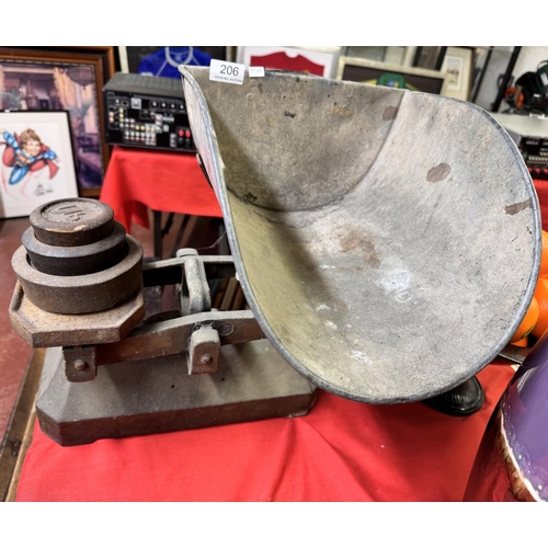 206 - VINTAGE POTATO SCALES WITH 3 CAST IRON WEIGHTS