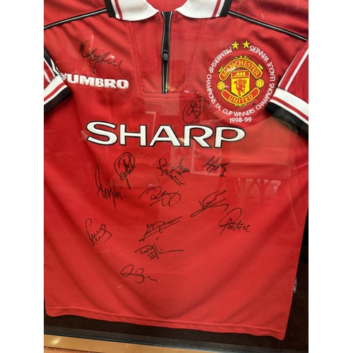 22 - FRAMED MANCHESTER UNITED 1998-99 PREMIERSHIP & CHAMPIONS LEAGUE WINNERS SIGNED SHIRT