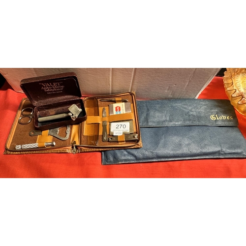 270 - VINTAGE LEATHER GLOVE BAG, 4 DICKIE BOWS, GENTS TRAVEL SET & A RAZOR