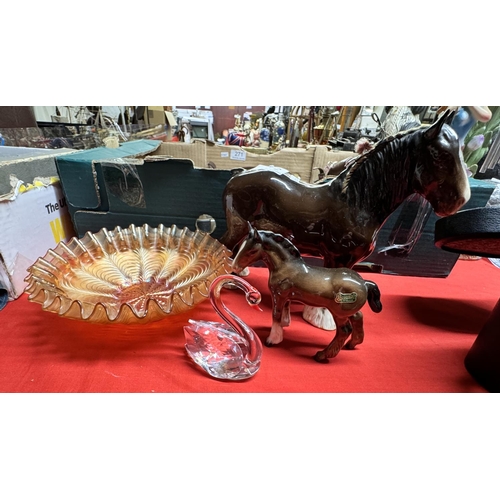 272 - CARNIVAL GLASS BOW, SWAN FIGURE, BESWICK SHIRE HORSE & A FOAL