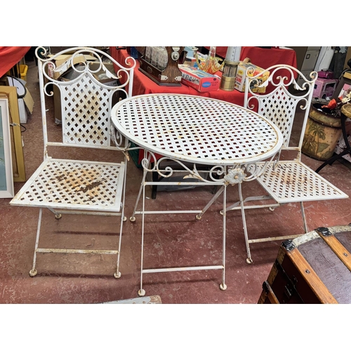 21 - VINTAGE METAL BISTRO TABLE & 2 CHAIRS