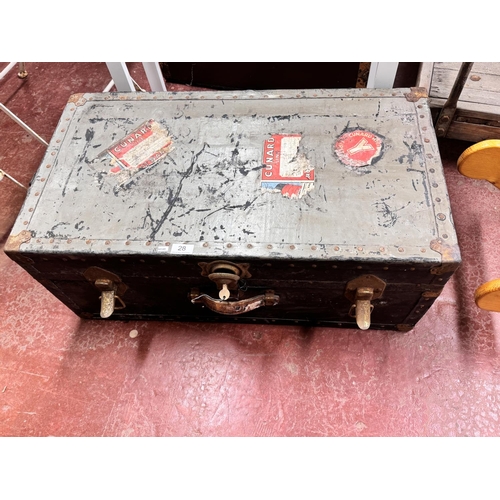 28 - VINTAGE SHIPPING TRUNK (WITH CUNARD STICKERS & KEY)