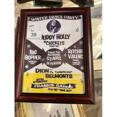 39 - SMALL FRAMED BUDDY HOLLY & THE CRICKETS WINTER DANCE PARTY  POSTER PRINT(HIS LAST CONCERT)