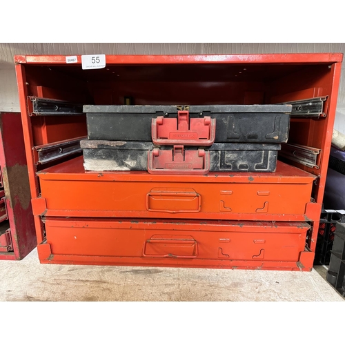 55 - VINTAGE METAL 2 DRAWER TOOL CABINET & 2 STORAGE BOXES