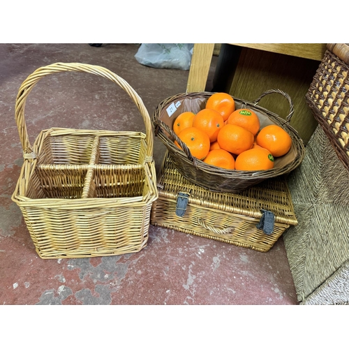 21 - WICKER PICNIC BASKET, WICKER BOTTLE CARRIER & WICKER BASKET OF ARTIFICIAL ORANGES