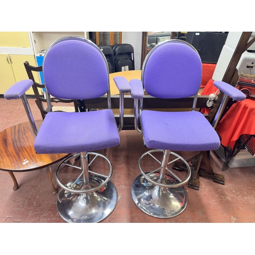 22 - 2 CHROME PURPLE UPHOLSTERED BAR STOOLS