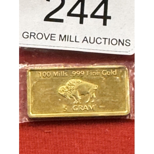 244 - 100MILLS .999 FINE GOLD 5 GRAM AMERICAN BAR(RESERVED AT £250)