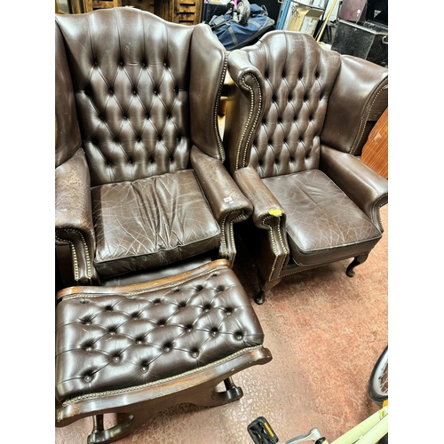 29A - 2 DEEP BUTTONED BROWN LEATHER CHESTERFIELD ARMCHAIR & MATCHING FOOTSTOOL