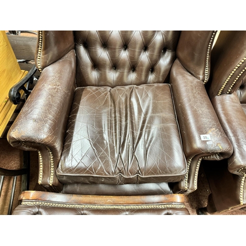 29A - 2 DEEP BUTTONED BROWN LEATHER CHESTERFIELD ARMCHAIR & MATCHING FOOTSTOOL