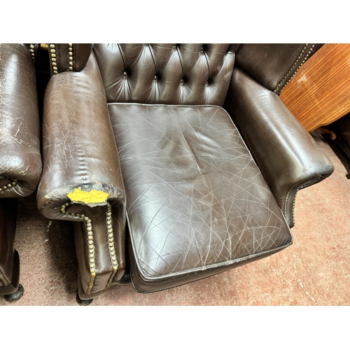 29A - 2 DEEP BUTTONED BROWN LEATHER CHESTERFIELD ARMCHAIR & MATCHING FOOTSTOOL