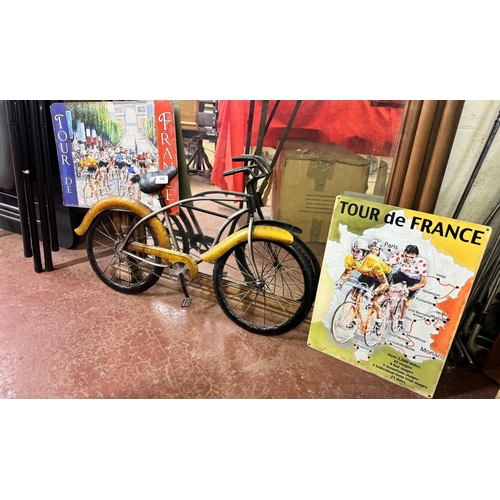 44 - 2 METAL 'TOUR DE FRANCE' POSTERS & A 'BICYCLE' WALL ART