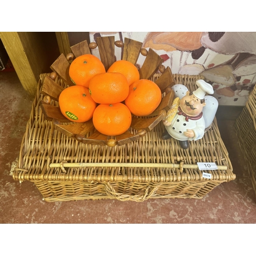 10 - WICKER PICNIC HAMPER, BASKET OF ARTIFICIAL ORANGES & 'CHEF' SALT & PEPPER