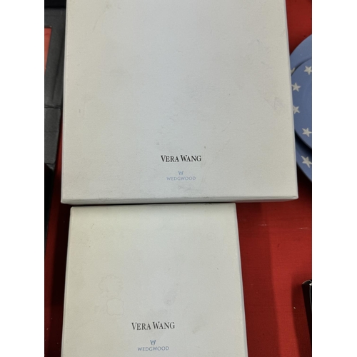 176 - BOXED VERA WANG BY WEDGWOOD PLATED SALT & PEPPER & SET OF 4 NAPKIN RINGS