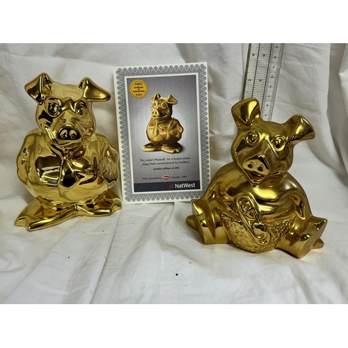 196 - BOXED Ltd Ed 2008 WADE NATWEST GOLD 'MAXWELL'  PIGGY BANK & A GOLD BABY PIGGY BANK