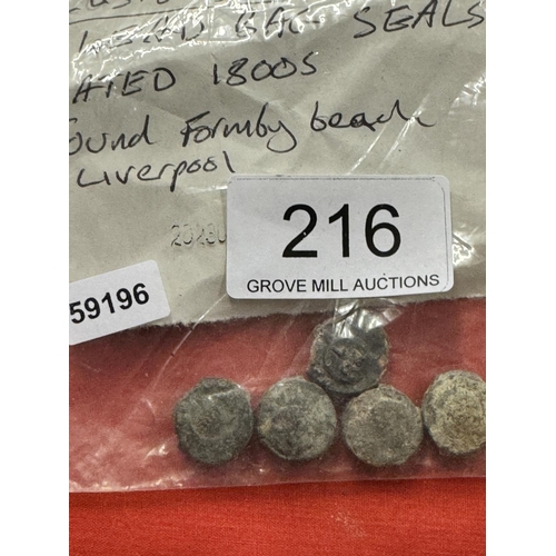 216 - 5 LEAD BAG SEALS DATED 1800'S METAL DETECTING FINDS FROM LIVERPOOL