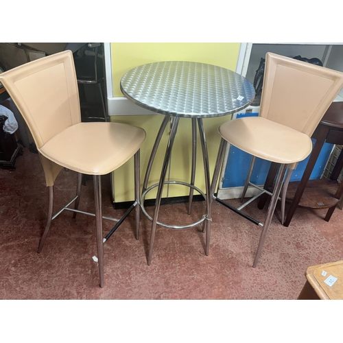 23 - TALL CHROME ‘BISTRO’ TABLE & 2 HIGH CHAIRS