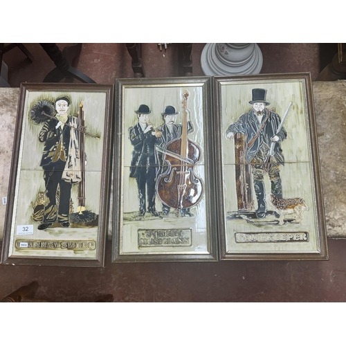 32 - FRAMED 'CHIMNEY SWEEPER' 'STREET MUSICIANS' & 'GAME KEEPER' MAJOLICA TILES