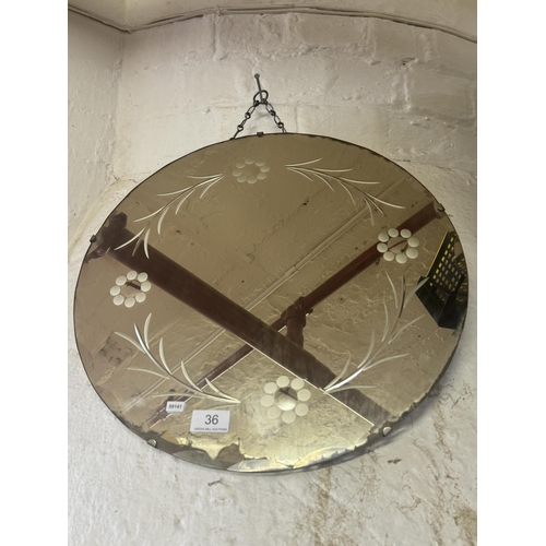 36 - VINTAGE CIRCULAR ETCHED WALL MIRROR (A/F)