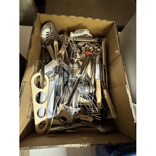 96 - BOX OF FLAT WARE & KITCHEN UTENSILS