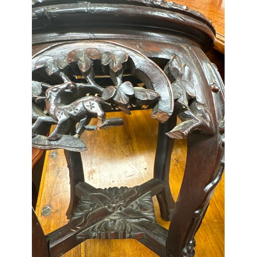 16 - ORNATE CARVED MAHOGANY MARBLE INLAY ORIENTAL PLANT STAND