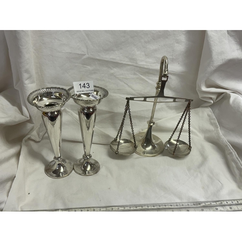 143 - PAIR OF PLATED VASES & A PLATED ORNAMENTAL BALANCE SCALE