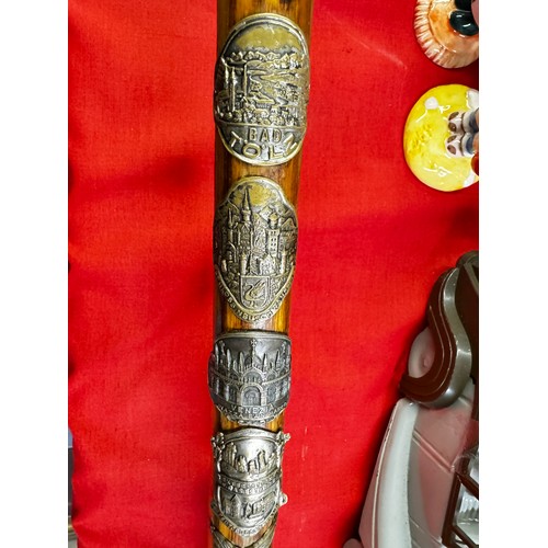 133 - WALKING STICK WITH BRASS 'WALKING' BADGES INCL GERMAN