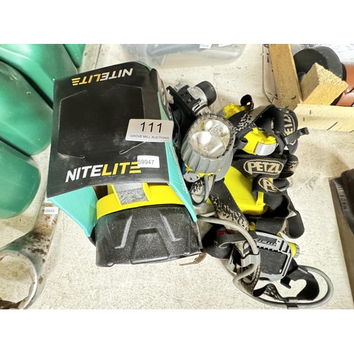 111 - 3 HEAD LAMPS/TORCHES & BOXED NITE LITE TORCH(NEW)