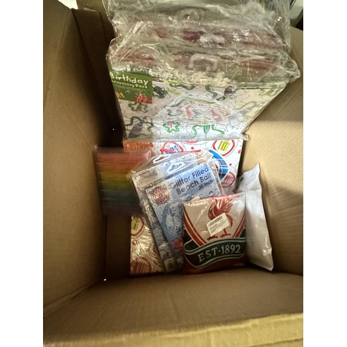 147 - BOX OF ASSORTED BAGS & NEW ITEMS INCL BEACH BALLS & BIRTHDAY GIFT BAGS