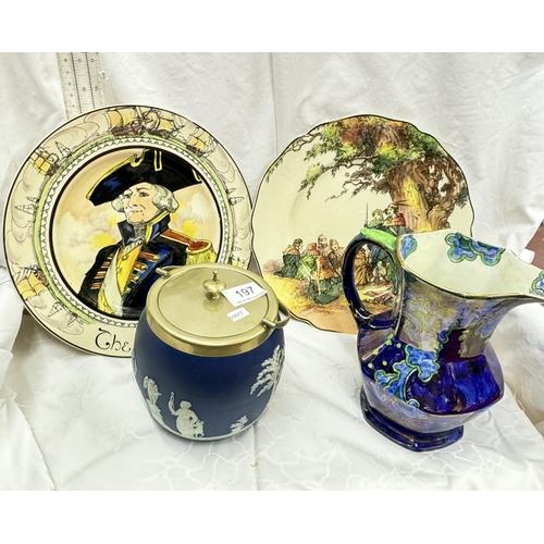 197 - VINTAGE WEDGWOOD JASPER BISCUIT BARREL, 2 ROYAL DOULTON PLATES & MAILING LUSTRE JUG