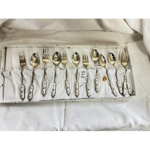 215 - BOXED VINTAGE FLORAL HANDLED PASTRY FORK & SPOON SET