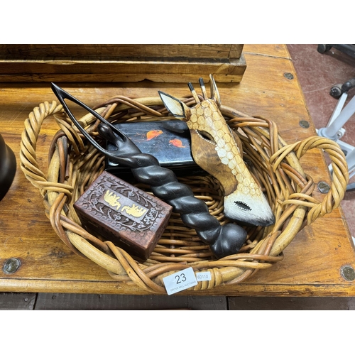 23 - WICKER BASKET & CONTENTS INCL TRINKET BOX