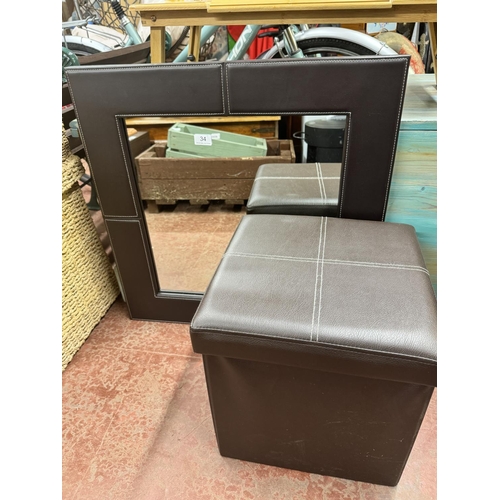 36 - MIRROR AND STORAGE POUFFE (BROWN LEATHER EFFECT)