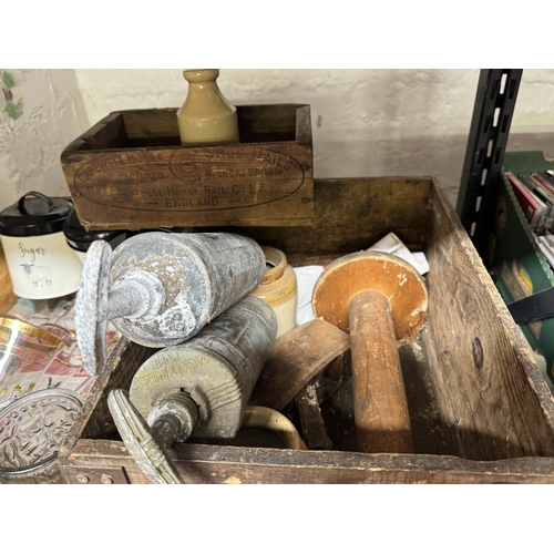 43 - 3 VINTAGE ADVERTISING CRATES & CONTENTS INCL 1950'S GLASSES, STONE WARE & BRASS FIRE EXTINGUISHERS