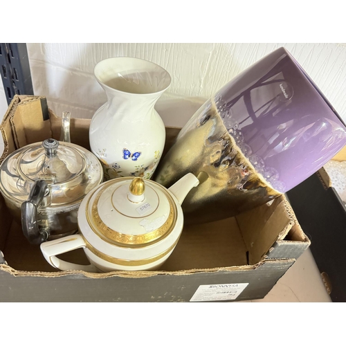 83 - BOX OF ITEMS INCL PLATED TEA POT & AYNSLEY VASE