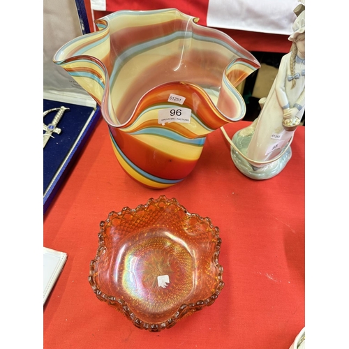 96 - STUDIO COLOURED GLASS VASE & A CARNIVAL DISH