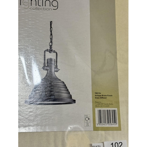 102 - BOXED THE LIGHTING  COLLECTION ANTIQUE BRASS FINISH GLASS  DIFFUSER CENTRE LIGHT FITTING(NEW)