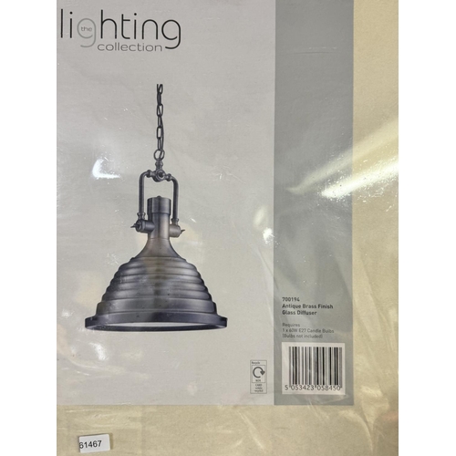 105 - BOXED THE LIGHTING  COLLECTION ANTIQUE BRASS FINISH GLASS  DIFFUSER CENTRE LIGHT FITTING(NEW)