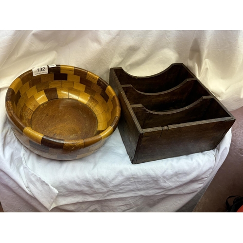 132 - WOODEN BOWL & A CUTLERY TRAY