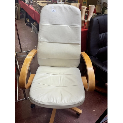 21 - BEECH WOOD & CREAM FAUX LEATHER OFFICE CHAIR