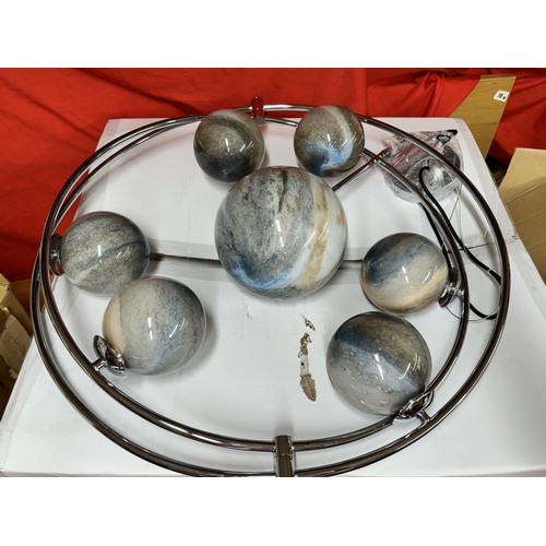 261 - BOXED DAR LIGHTING MIKARA 7-PENDANT POLISHED CHROME WITH 7 MARBLED 'GLOBE' SHADES(NEW - NO BULBS)