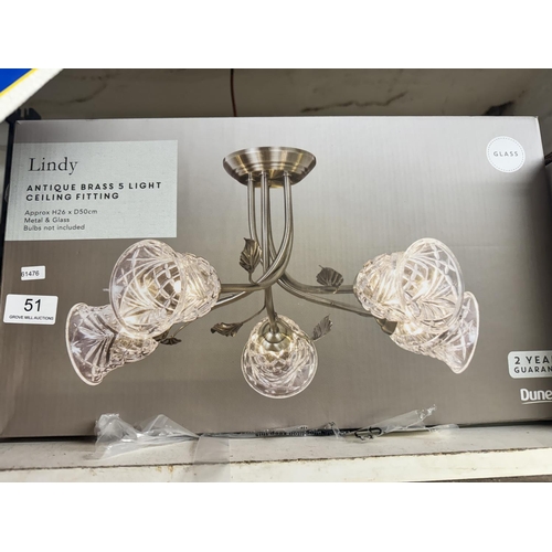 51 - BOXED DUNELM LINDY ANTIQUE BRASS 5 LIGHT CEILING FITTING(NEW)