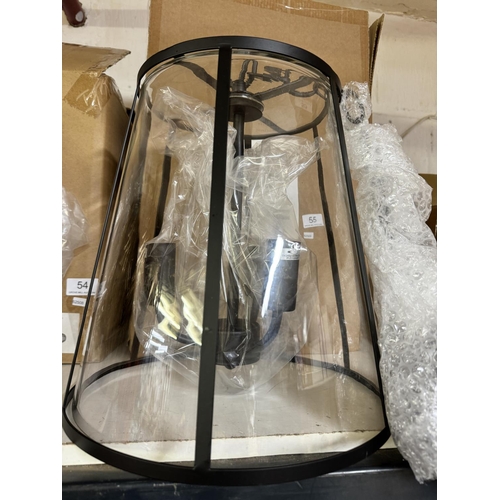 55 - BOXED SEARCHLIGHT TRIPLE BULB MATT BLACK & GLASS  CEILING LANTERN PENDANT FITTING(NEW)